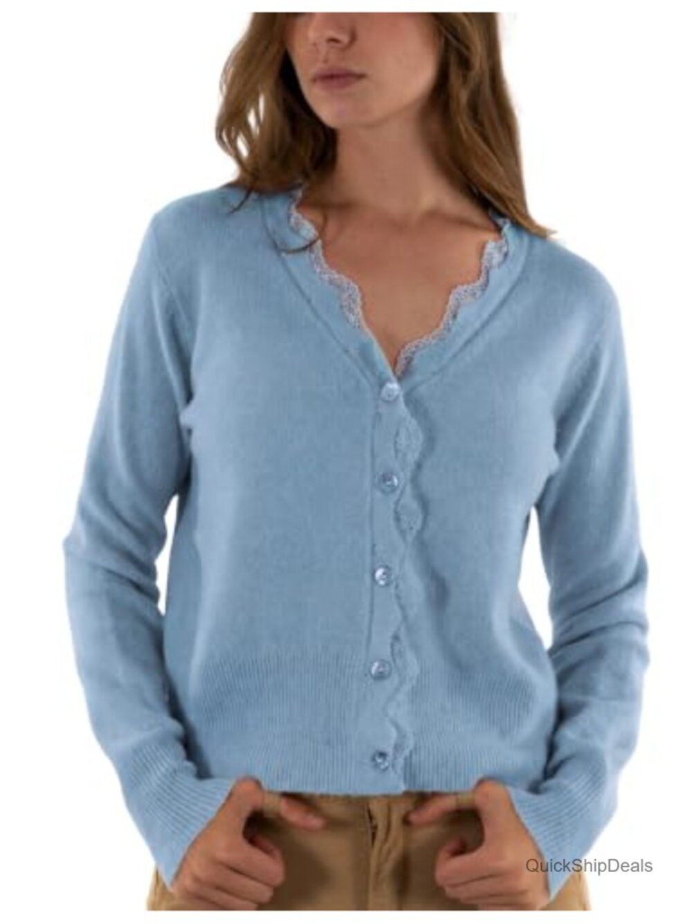Lace Trim Cardigan V Neck Button Down Elegant Knit Sweater